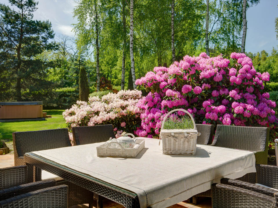 Terrasse als Sitzplatzmöglichkeit für die ganze Familie und Rhododendron im Hintergrund